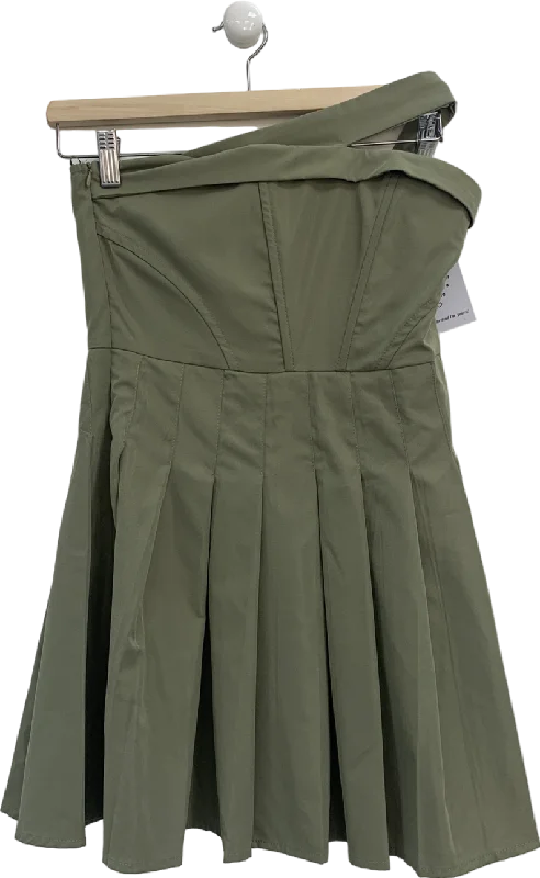 PrettyLittleThing Green Khaki Tailored Bandeau Pleated Shift Dress UK 8