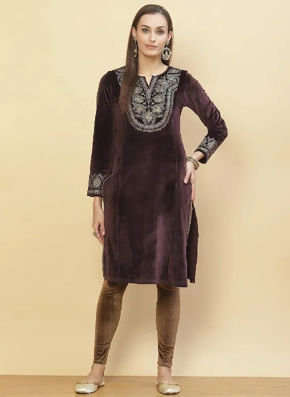 Brown Embroidered Velvet Kurti