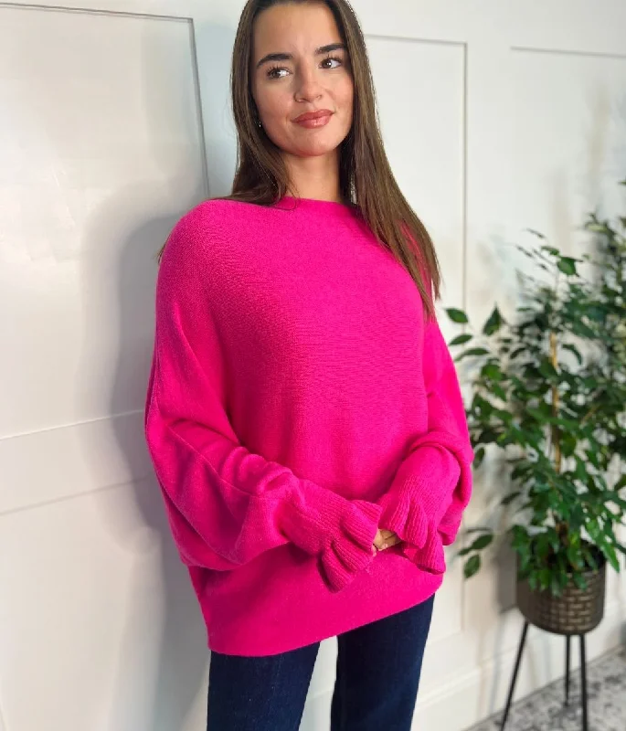 Pink Ruffle Sleeve Batwing Jumper